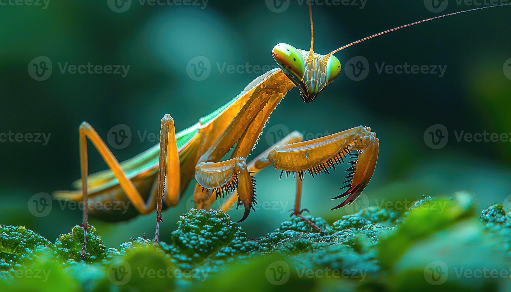 An exquisitely detailed portrait of a beautiful praying mantis photo