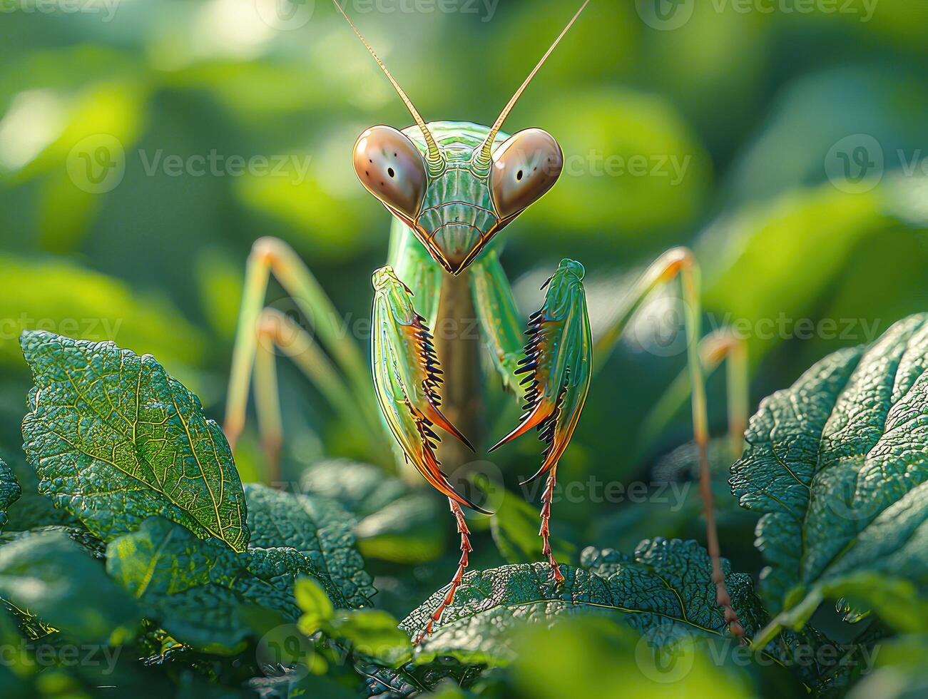 A close up image of a praying mantis in green foliage photo