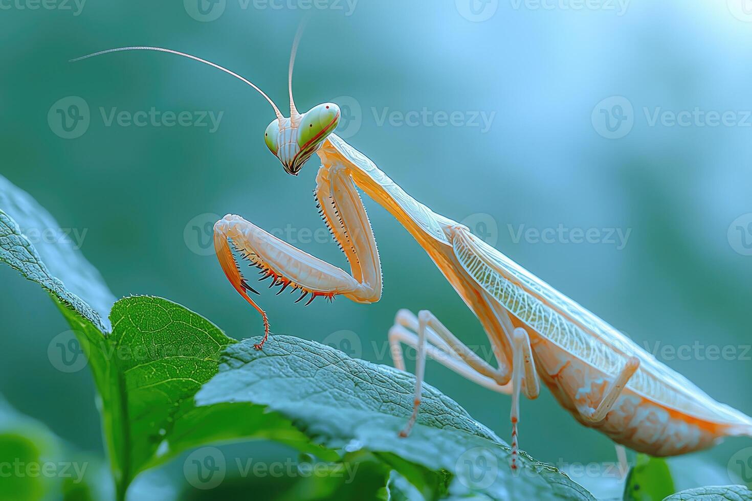 A close up picture displays a praying mantis on a leaf photo