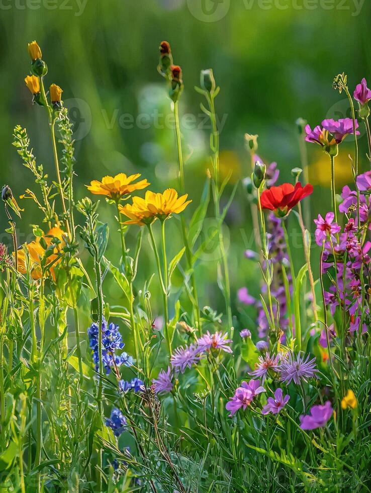 A vibrant collection of wildflowers and green foliage fills a field photo