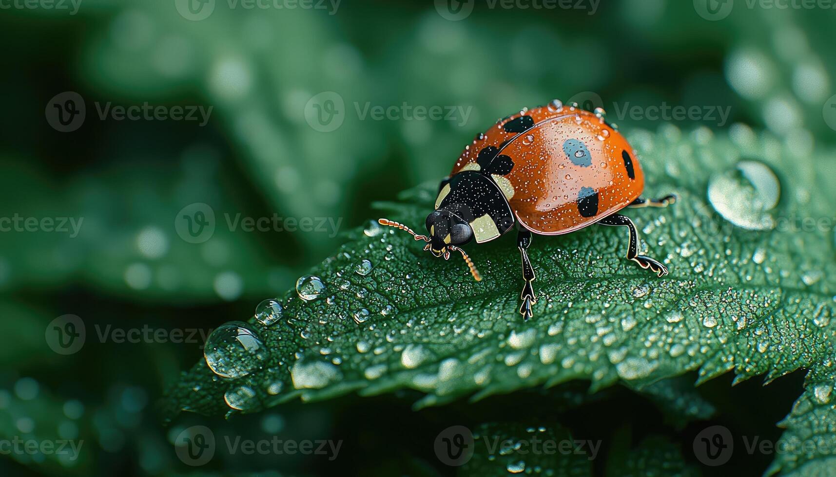 A close up of a ladybug on a dew covered leaf photo