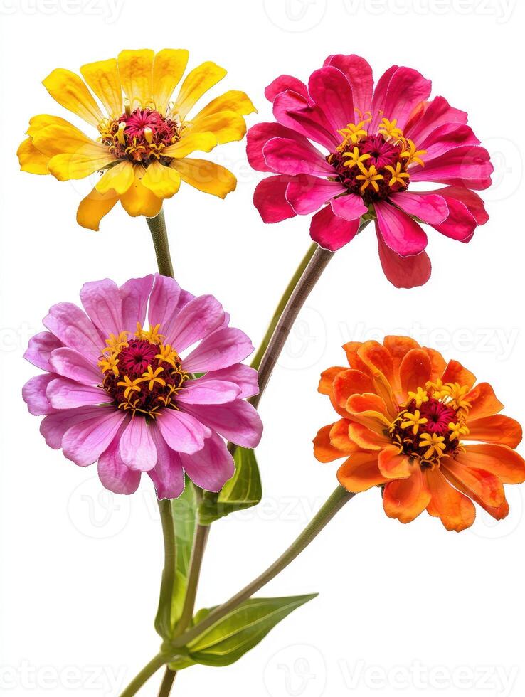 Four vividly colored zinnia flowers are shown against a white background photo