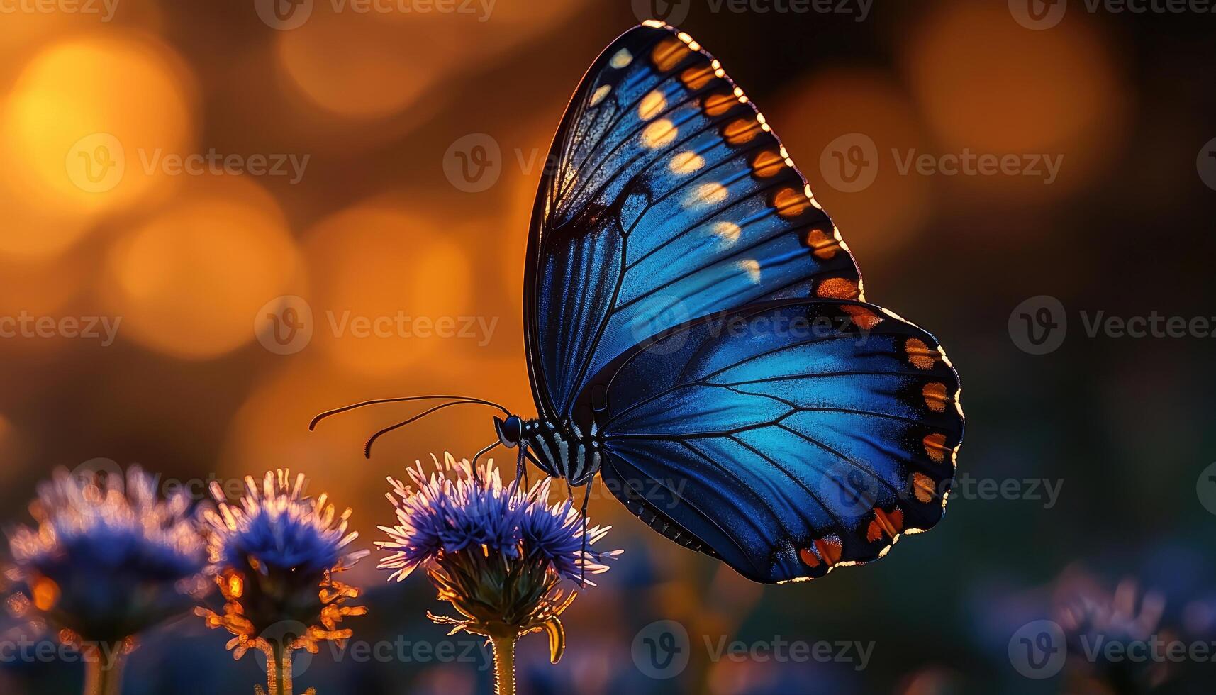 A vibrant blue butterfly perched on a delicate purple flower photo