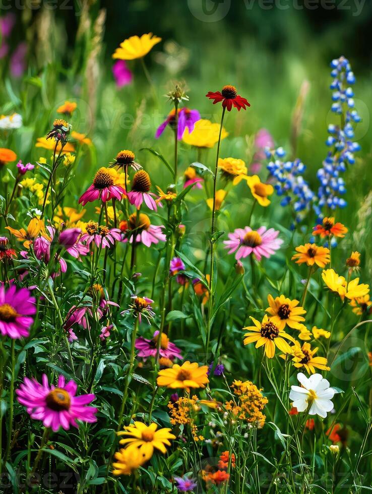 A vibrant field of colorful wildflowers growing in abundance photo