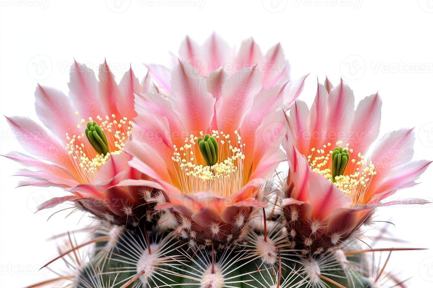 Beautiful blooming cactus flowers with pink petals against a white backdrop photo