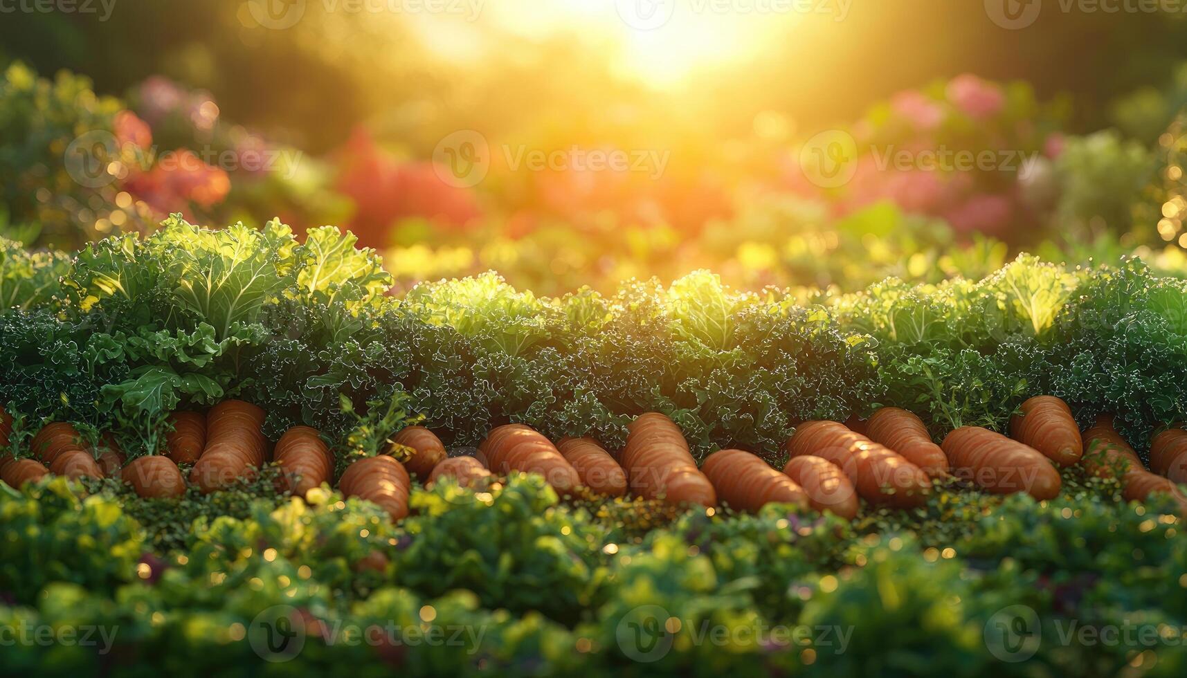 A sunny garden bed with carrots and leafy green vegetables growing photo
