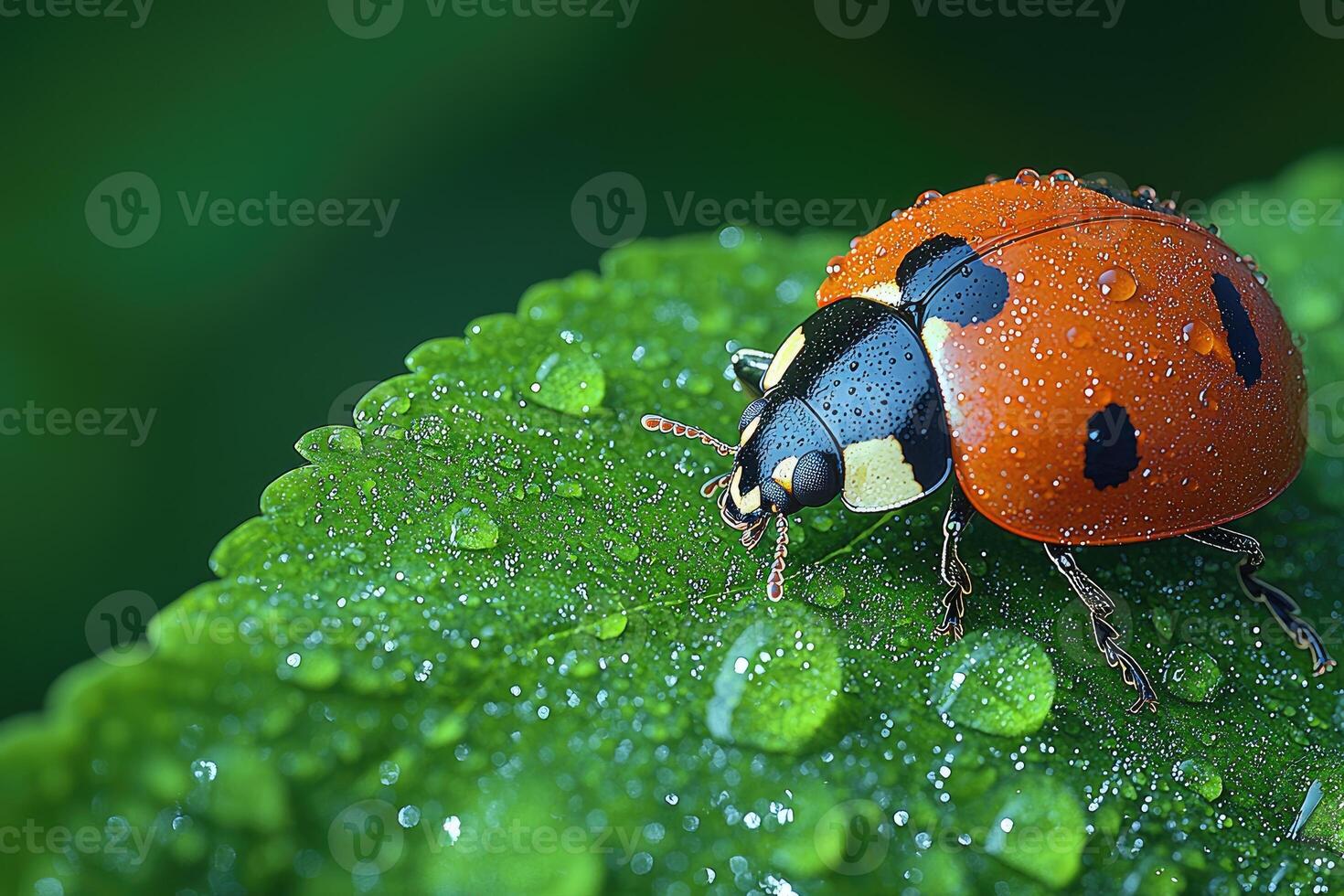 A detailed close up photograph featuring a ladybug on a green leaf photo