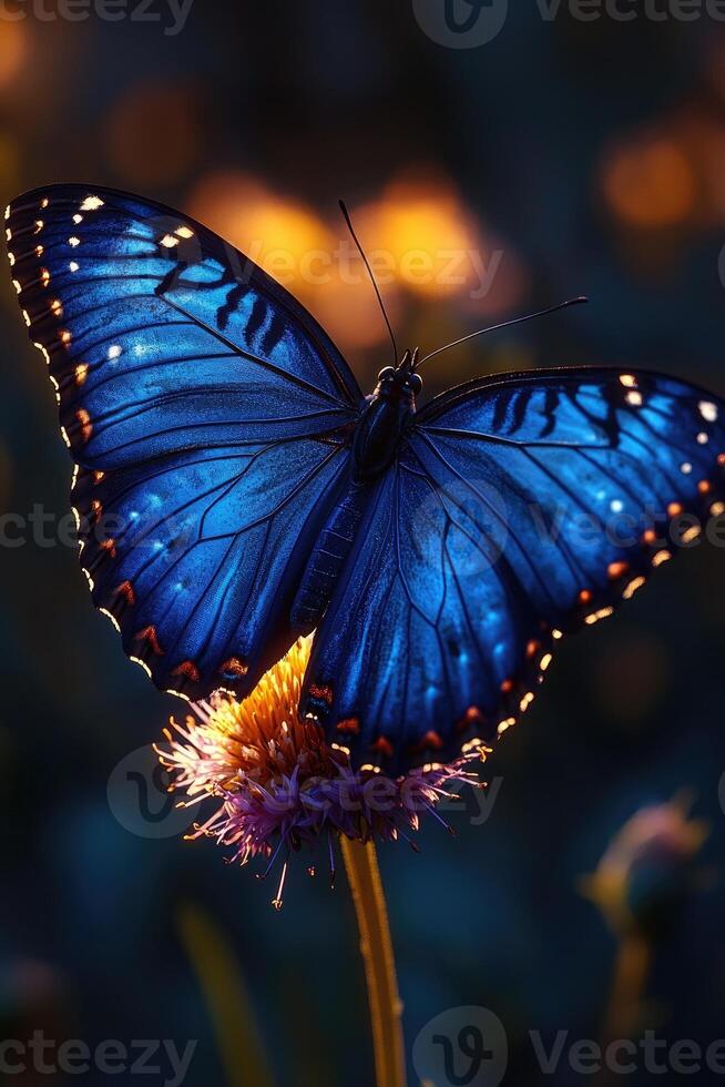 A beautiful blue butterfly with wings resting on a flower photo