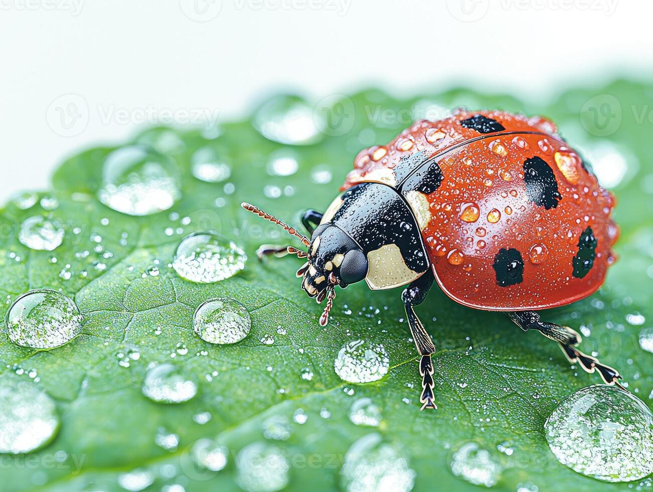 A red and black ladybug rests on a green leaf with water droplets photo
