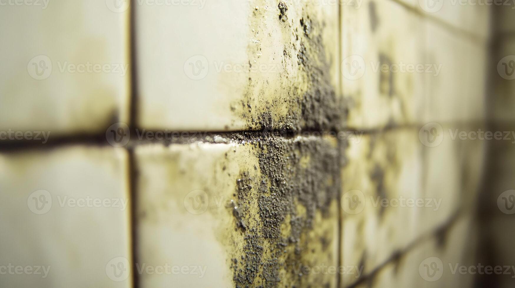 Extreme Close-Up of Dark Green Mold Developing on Bathroom Grout photo