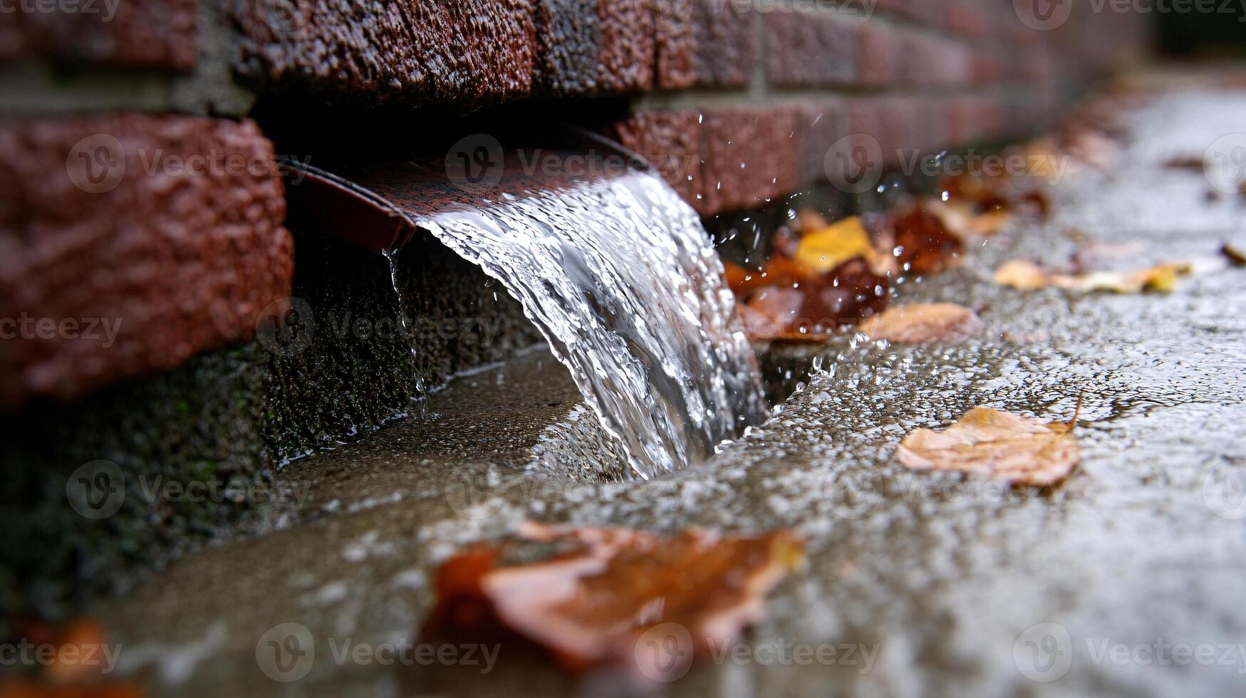 Extreme Close-Up Focus on Water Flowing Through Unclogged Downspout photo