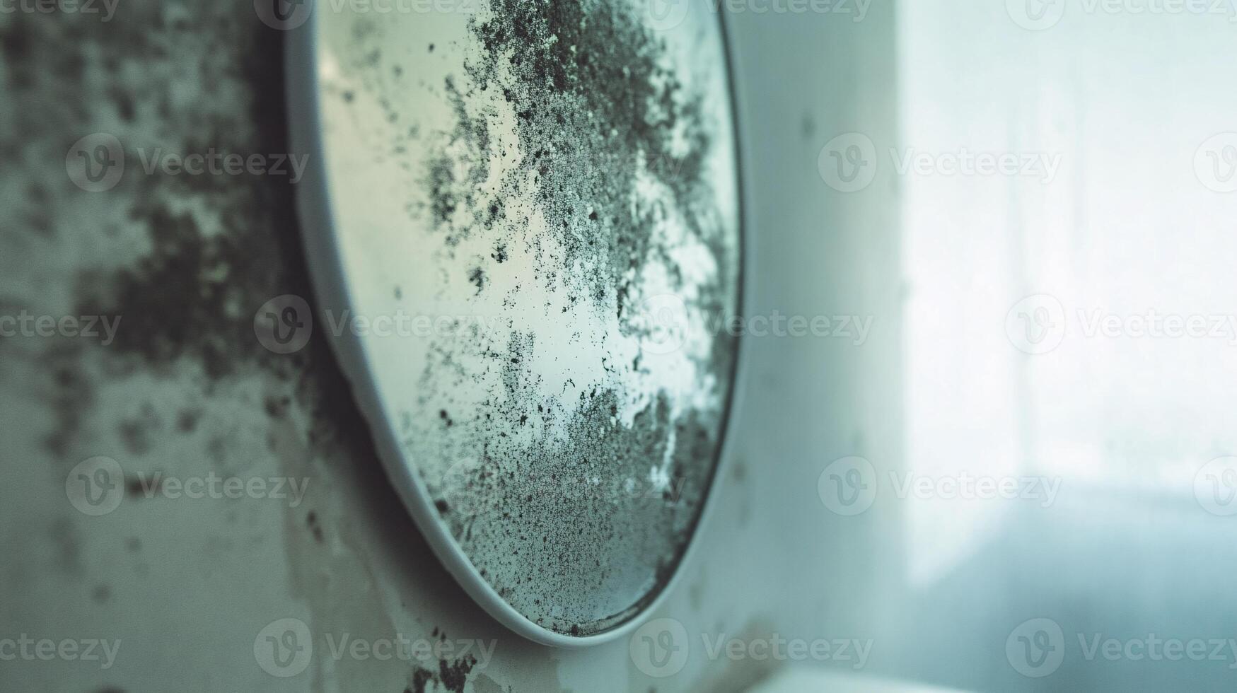 Extreme Close-up of Mold Growth Hidden Behind the Bathroom Mirror photo