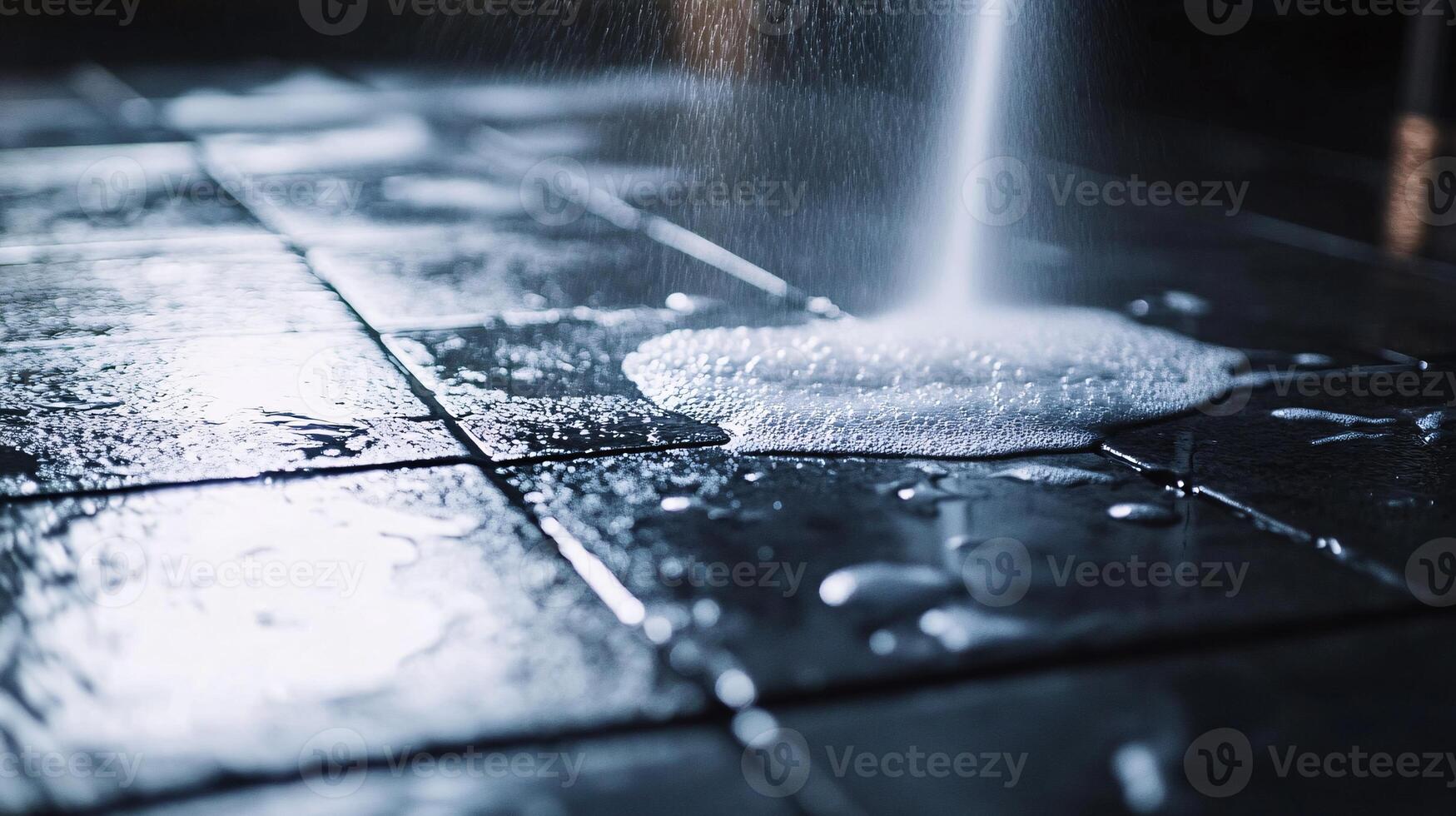 Vibrant Disinfectant Foam Creating Bubbles on Shiny Tiles photo