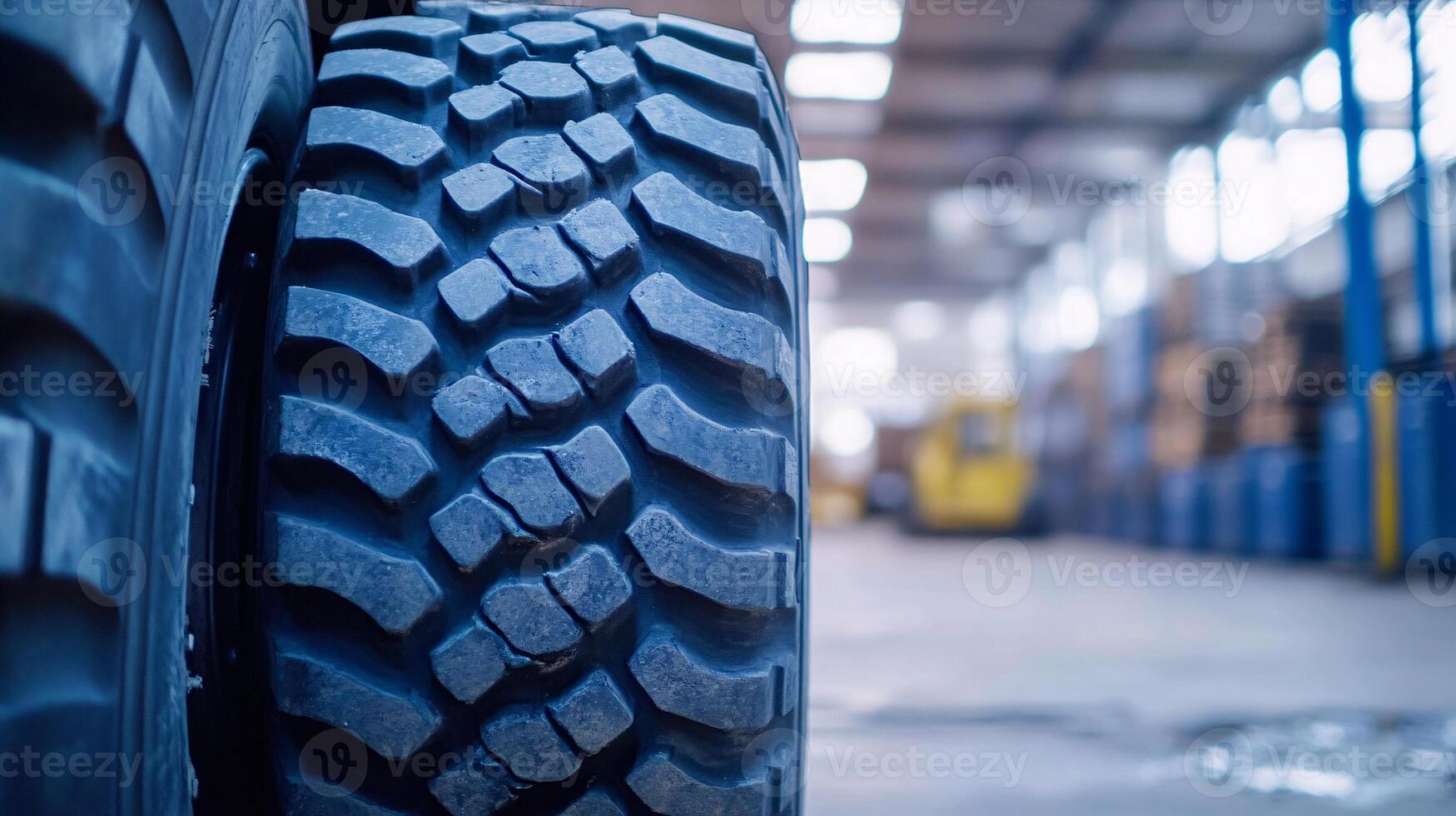 Detailed Shot of Forklift Tire Tread Against Industrial Wall Texture photo