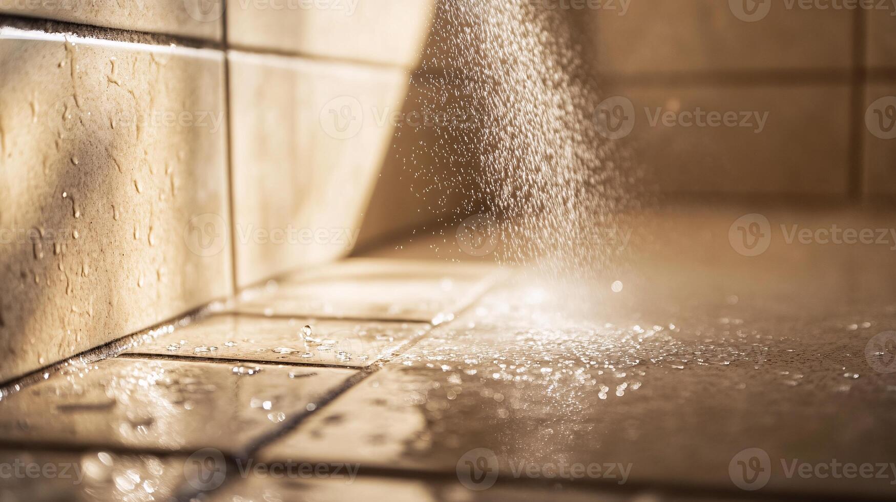 Extreme Close-Up of Disinfectant Spray Mist Impacting Shiny Bathroom Tiles photo