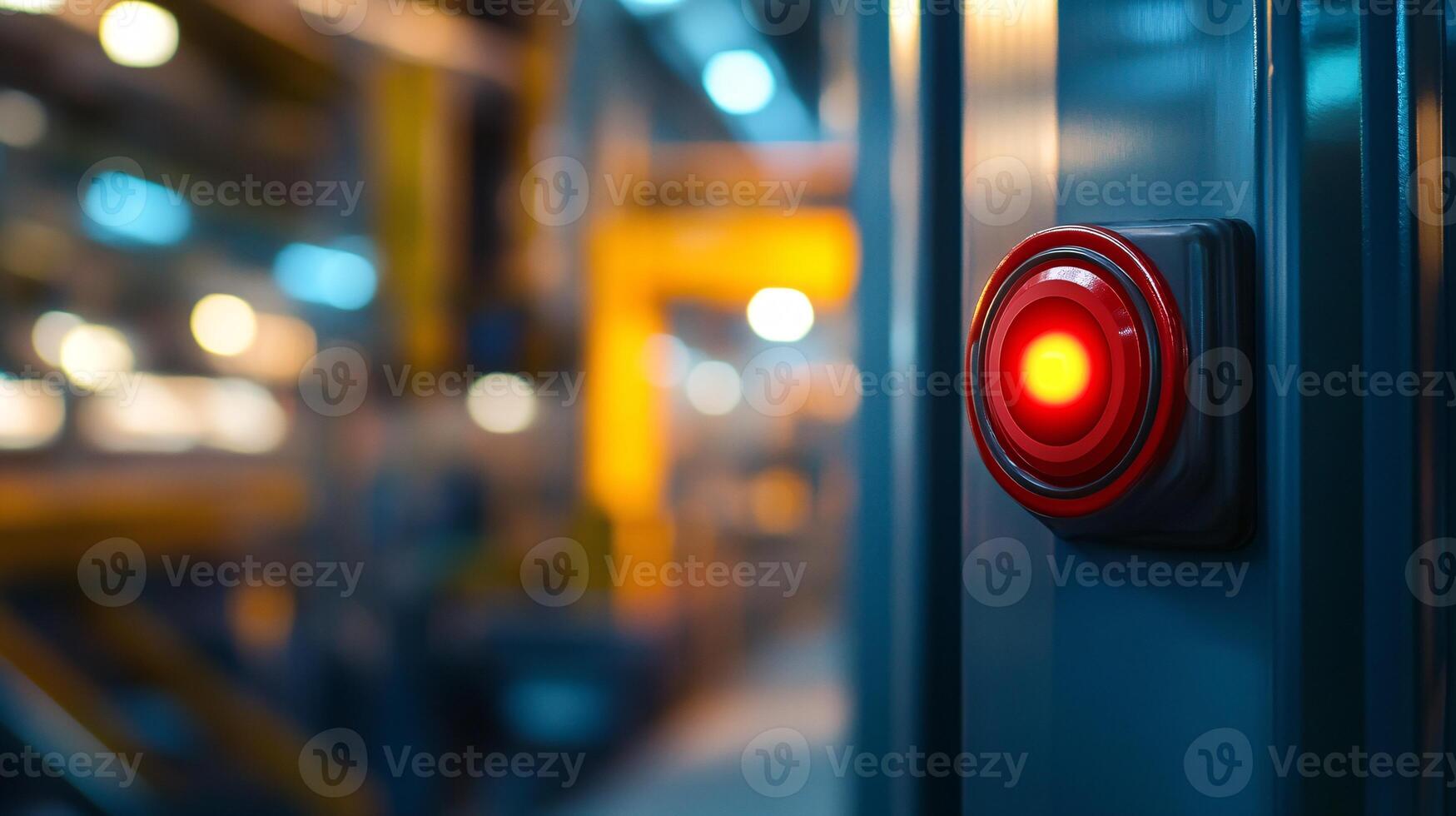 Bright Red Emergency Stop Button Prominently Mounted on Shiny Metal Surface photo