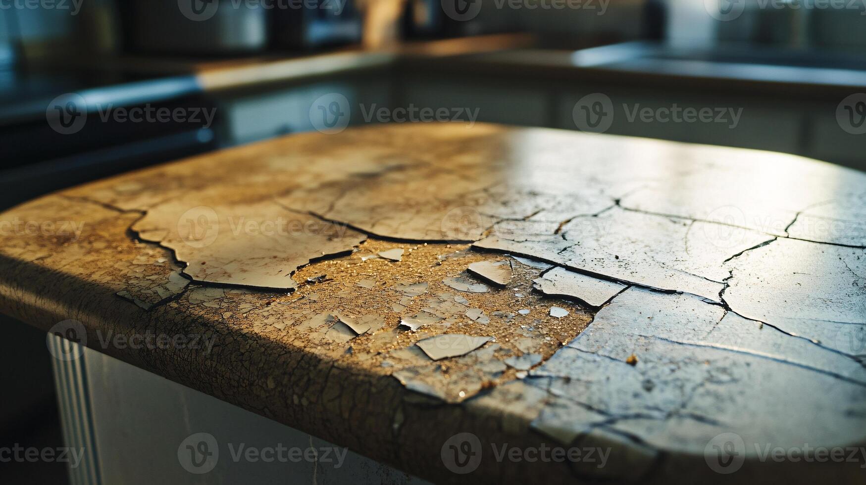 Detailed Macro Shot Revealing Wear on Kitchen Countertop Laminate photo