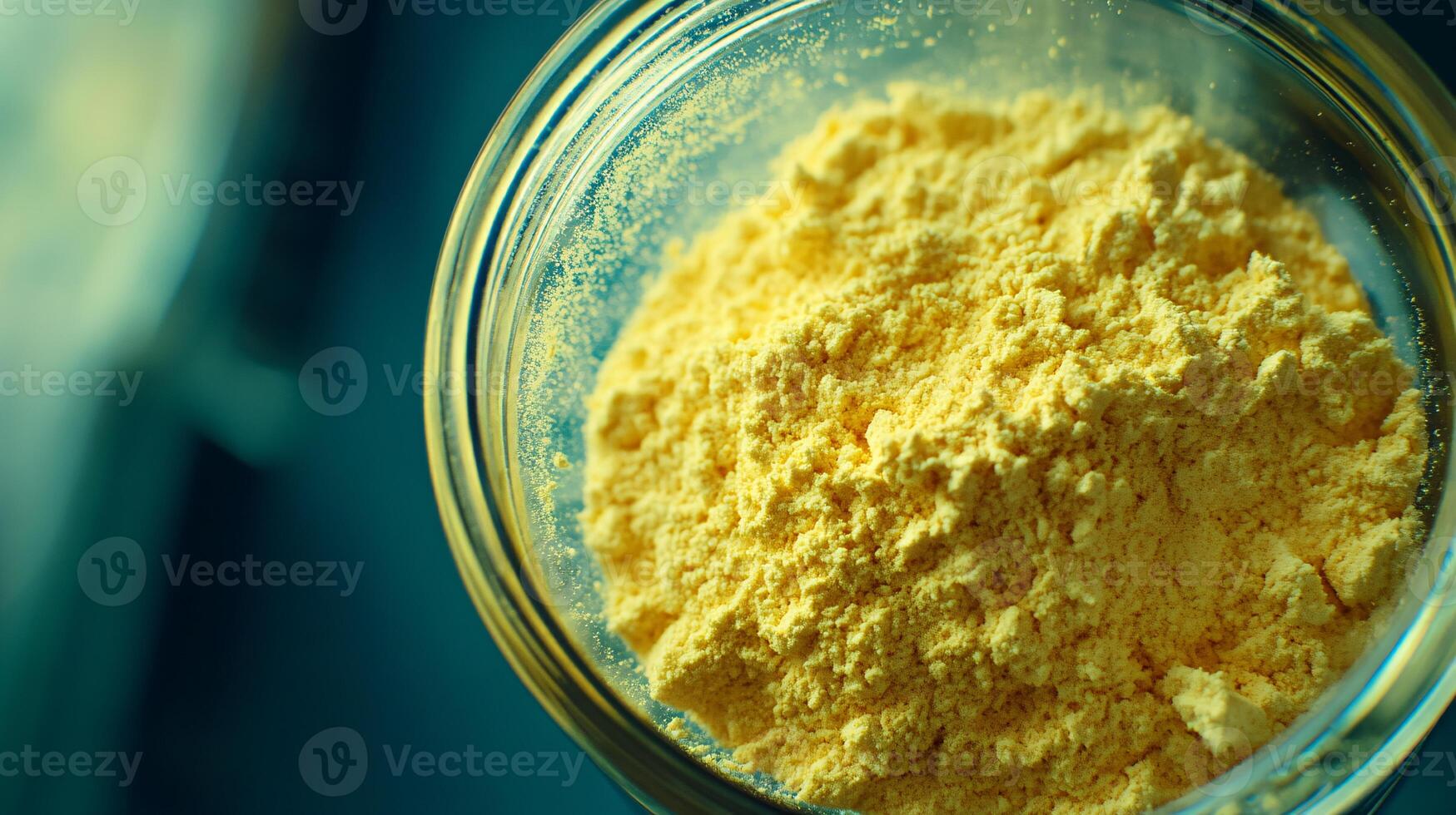 Benzoic Acid Powder in Glass Container Showcasing Brilliant Yellow Crystals photo