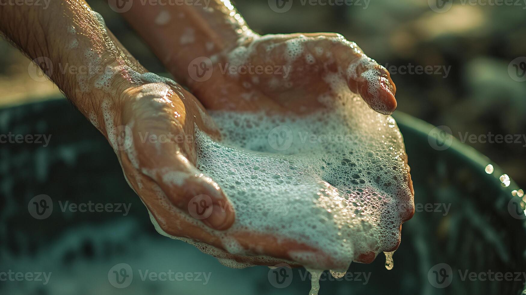 Extreme Close-Up of Bubbly Soap Gliding Over Hand Gripping a Bucket photo