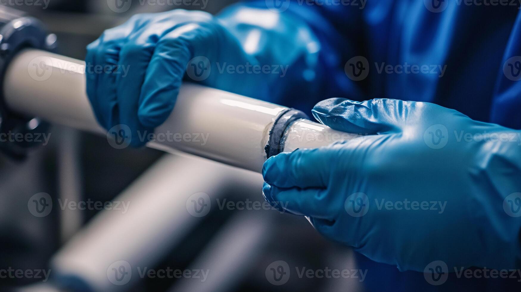 Extreme Close-Up of Gloved Hands Skillfully Applying Pipe Glue to PVC Tubing photo