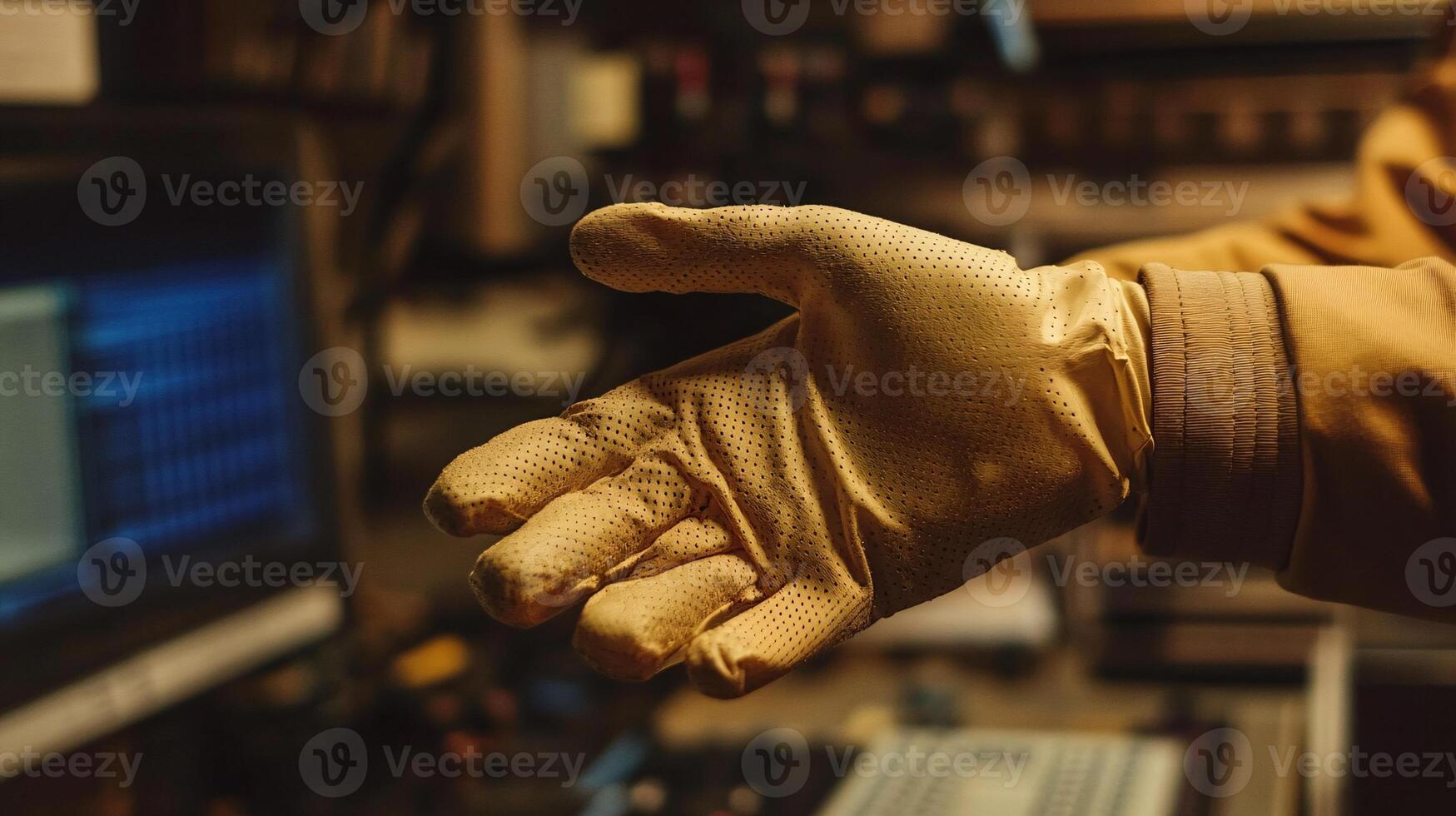 Antistatic Gloves Securely Gripping a Small Component in Faded Workspace photo