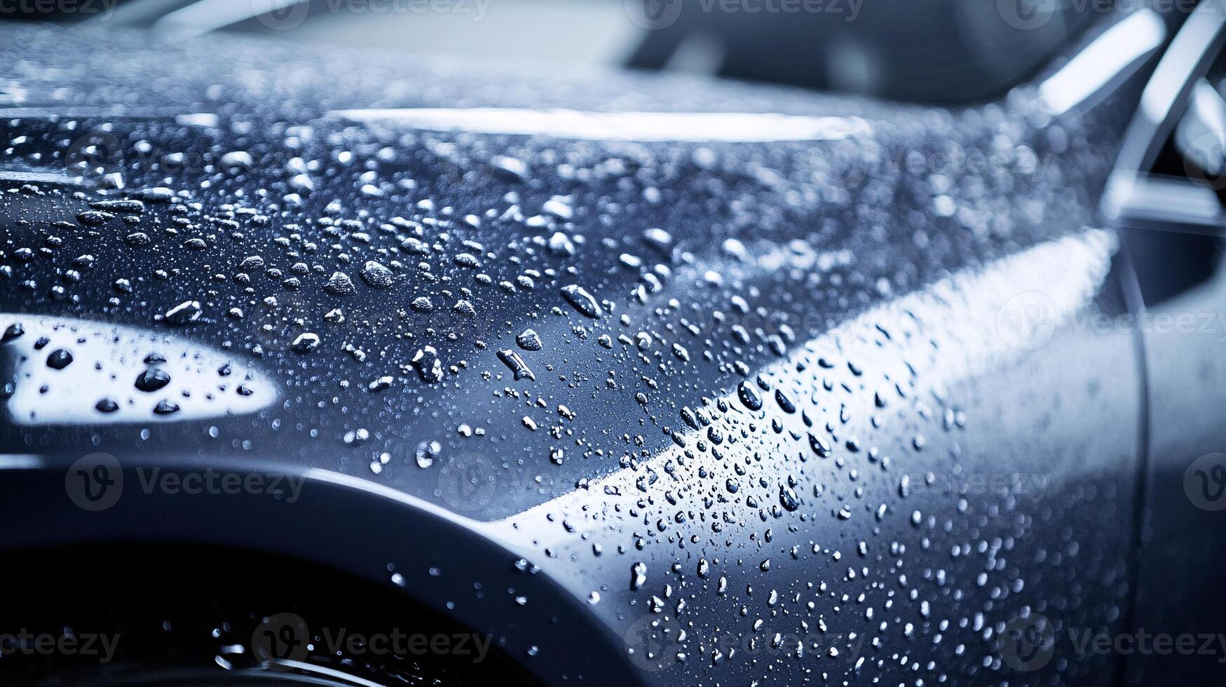 Extreme Close-Up of Raindrops on Glossy Car Paint Surface photo
