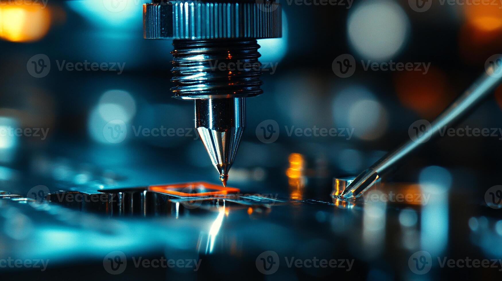 Extreme Close-Up of a Bright Yellow Voltage Tester Touching Metal Terminal photo