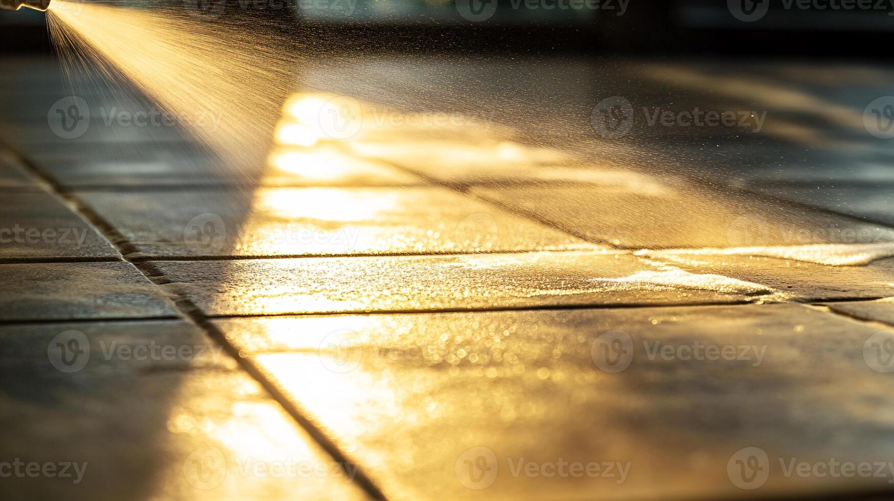 Extreme Close-up of Disinfectant Foam Spraying onto Clean Tiled Floor photo