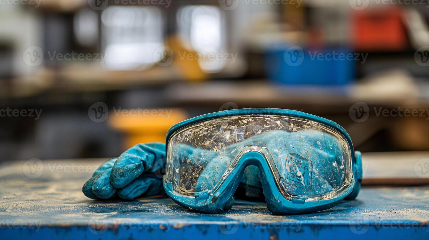 Protective Work Gloves and Safety Goggles Positioned on an Industrial Table photo