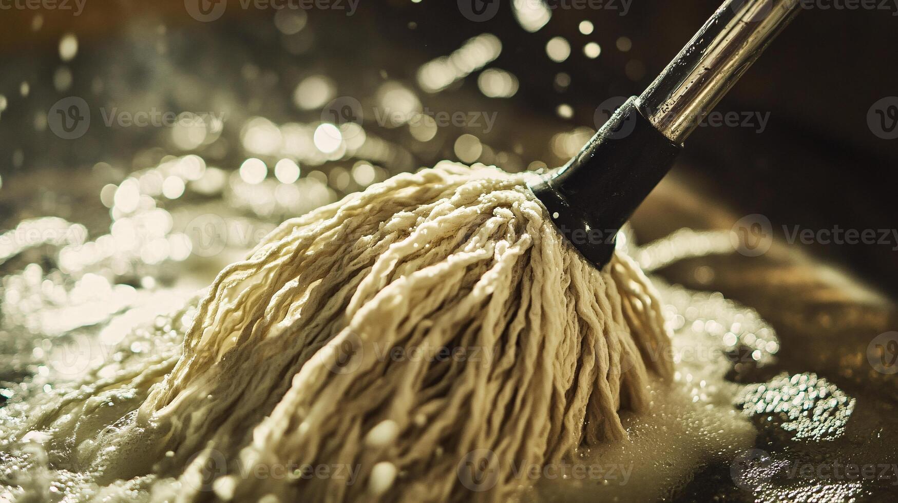 Extreme Close-up of Mop Fibers Absorbing Dirty Water Droplets photo