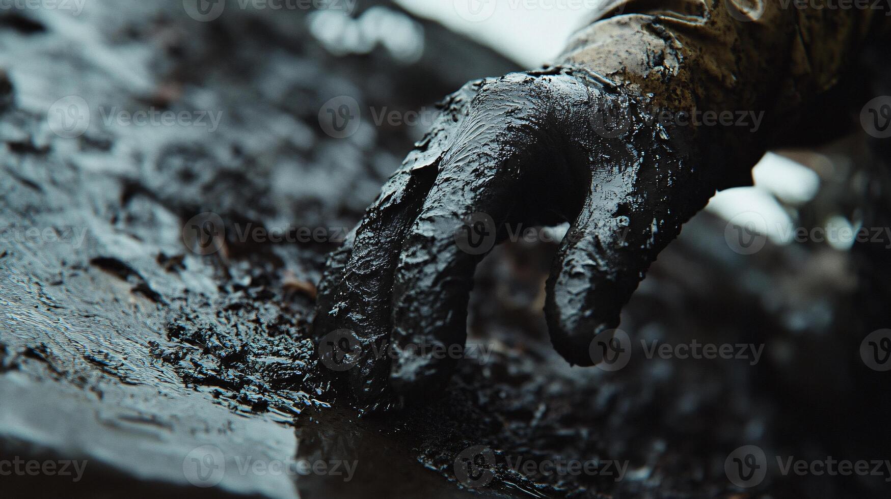 Extreme Close-Up of Wet Gloved Fingers Extracting Gutter Sludge From a Drain photo