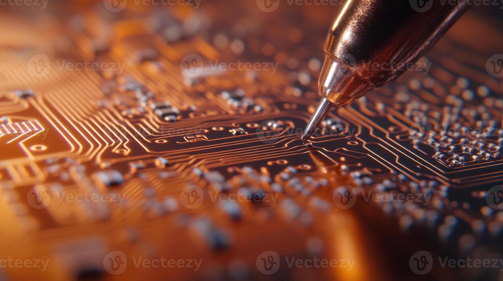Close-Up View of an Old Iron Tip Next to Tiny Circuit Traces photo