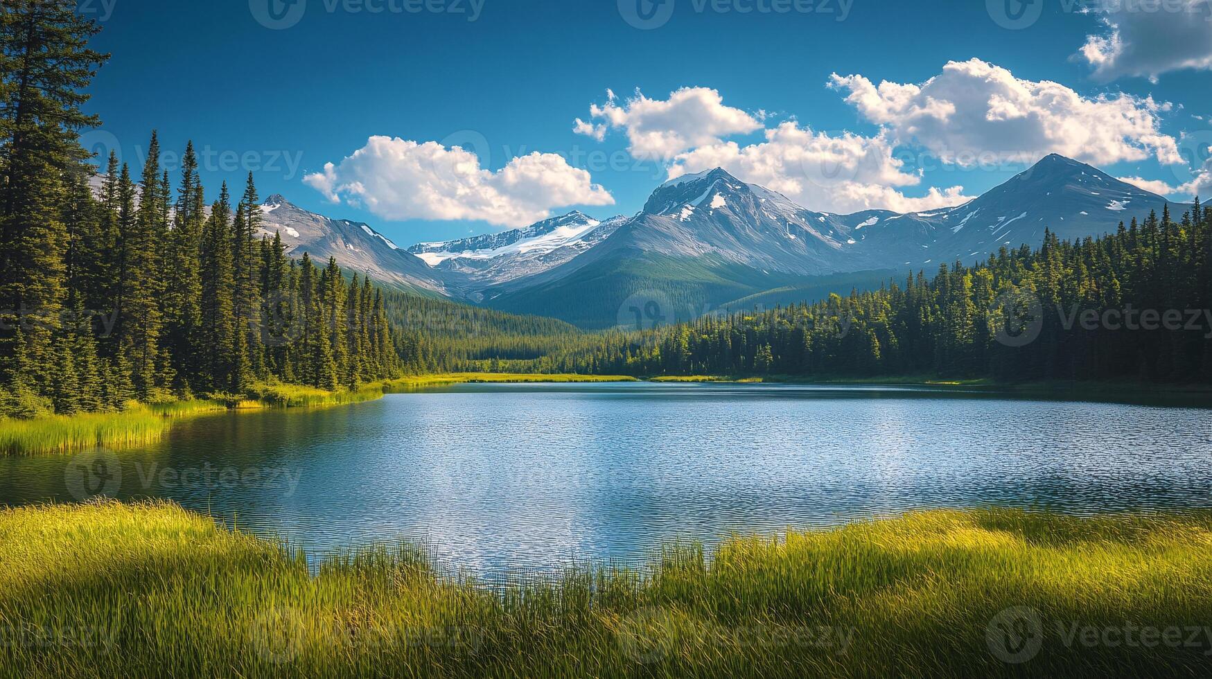 Majestic Mountains Overlooking Serene Lakes and Lush Forests photo