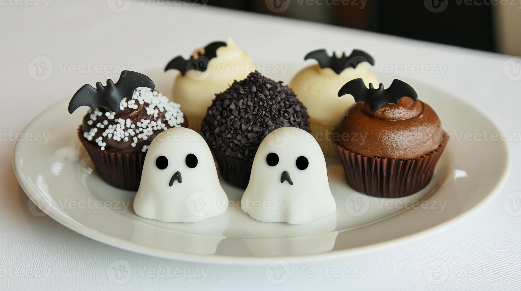 Colorful Cupcakes with Halloween Decorations of Ghosts and Bats Galore photo
