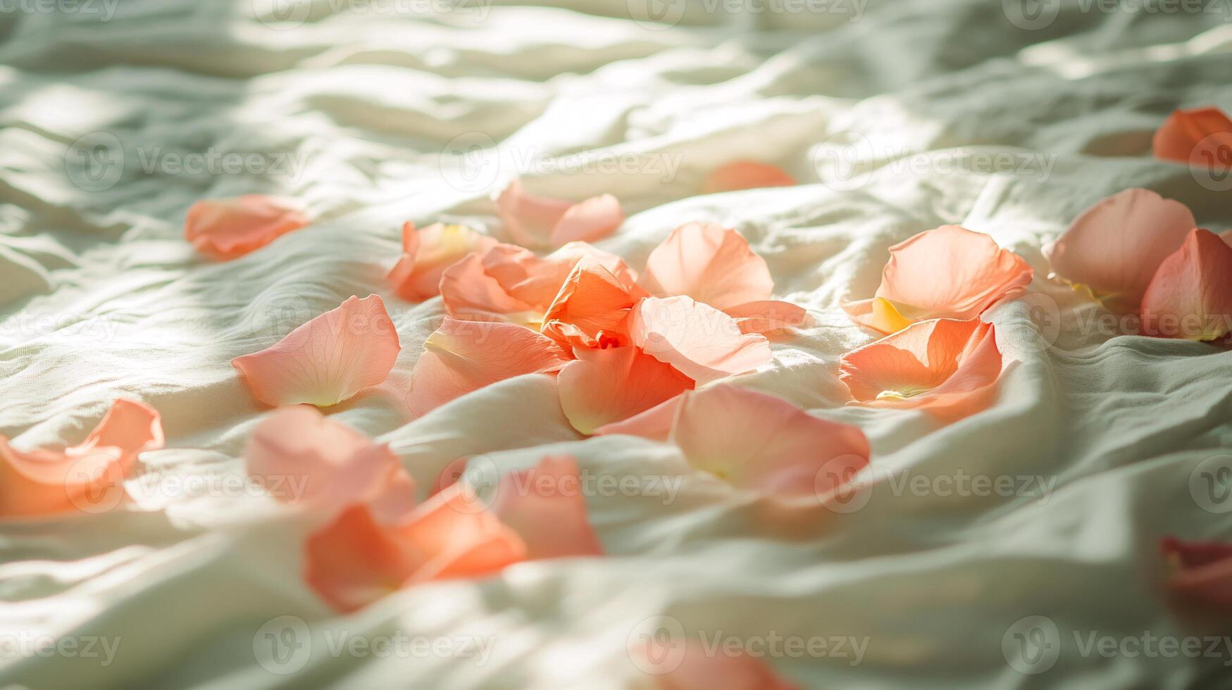 Close-Up of Gentle Floral Petals on a Warm, Inviting Bedsheet photo