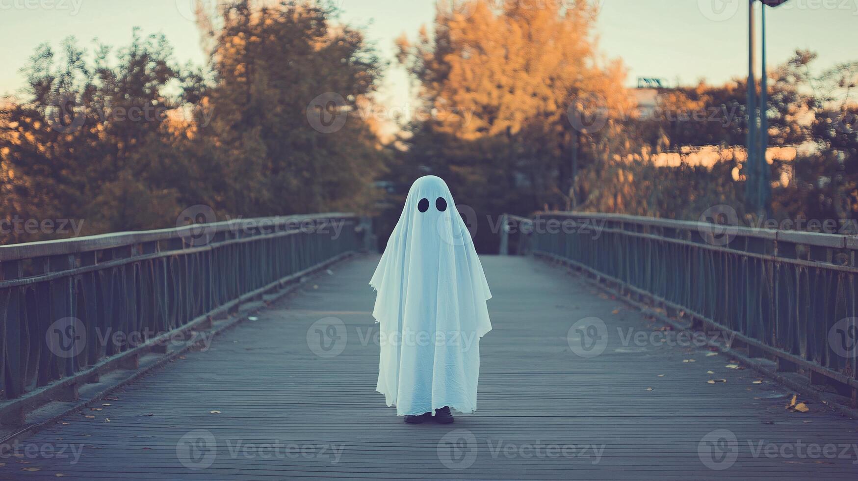 Adorable Child in Traditional Ghost Costume Made from Old Sheet photo