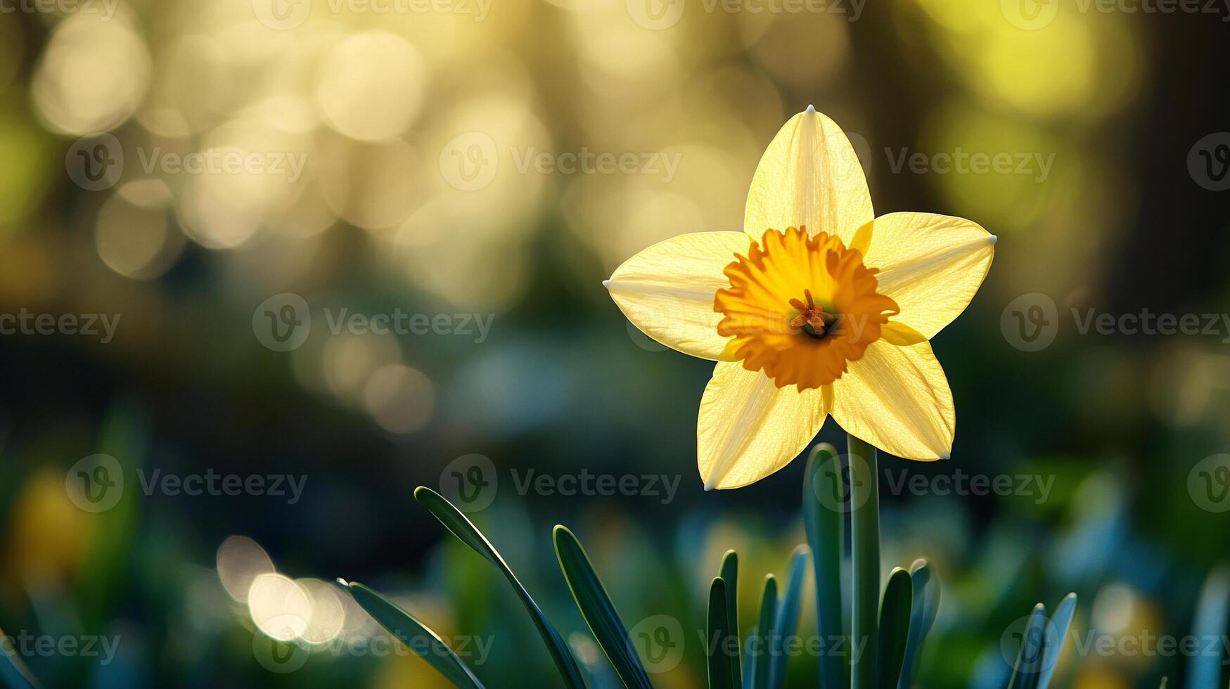 Close-Up of a Vibrant Yellow Daffodil Blooming Against a Soft Background photo