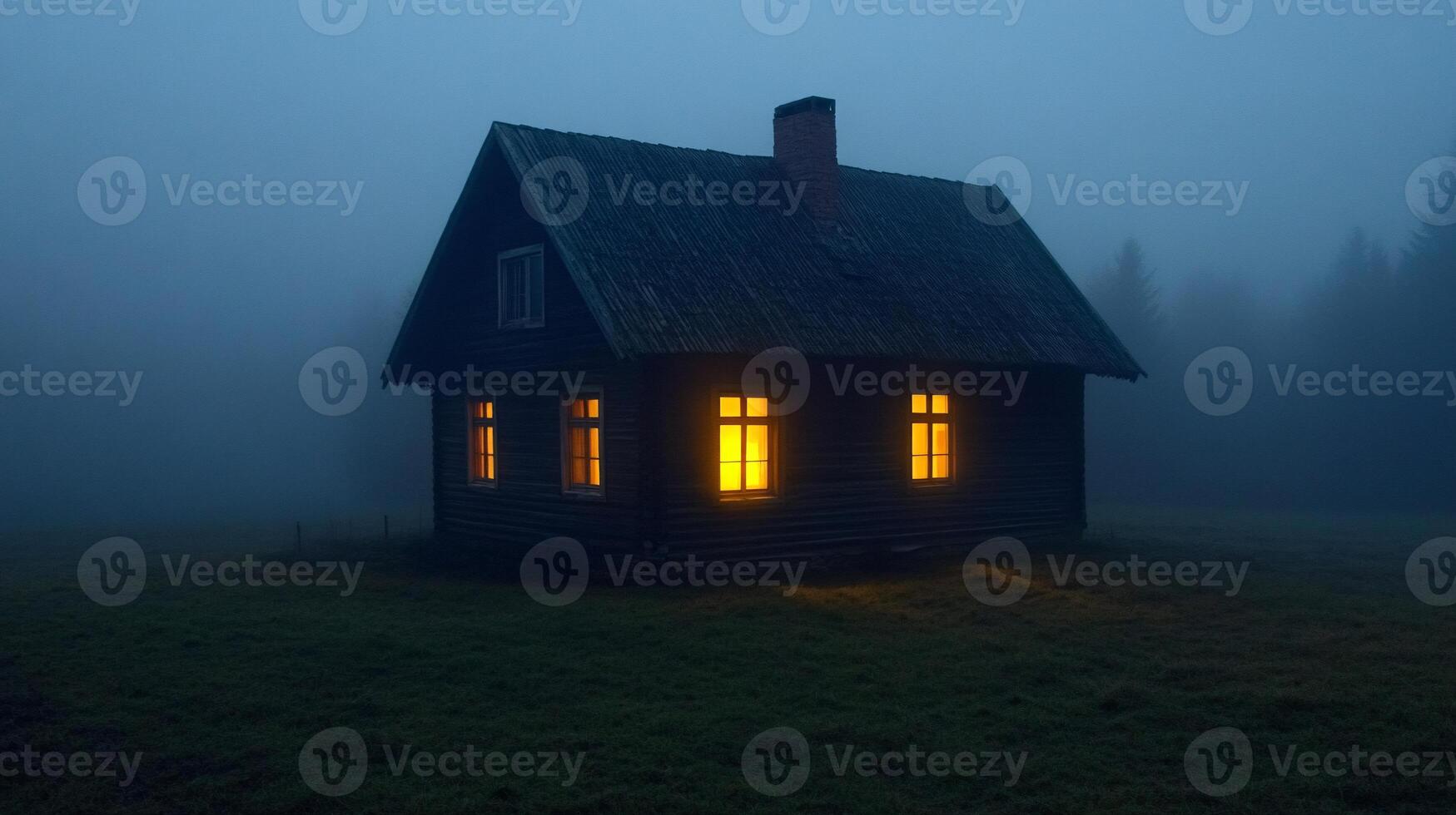Old wooden house enveloped in thick fog with dimly lit windows photo