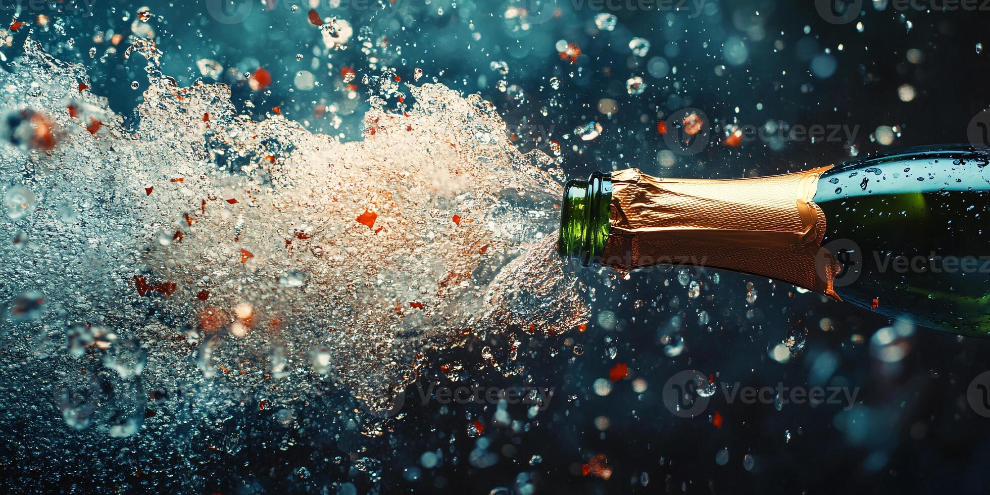 Bottle of champagne vigorously popping while sparkling liquid overflows photo