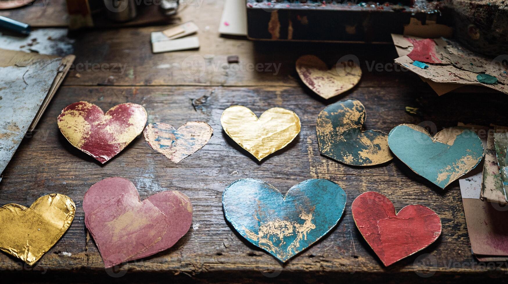 Handmade Valentine's Day Crafts on Rustic Wooden Table photo