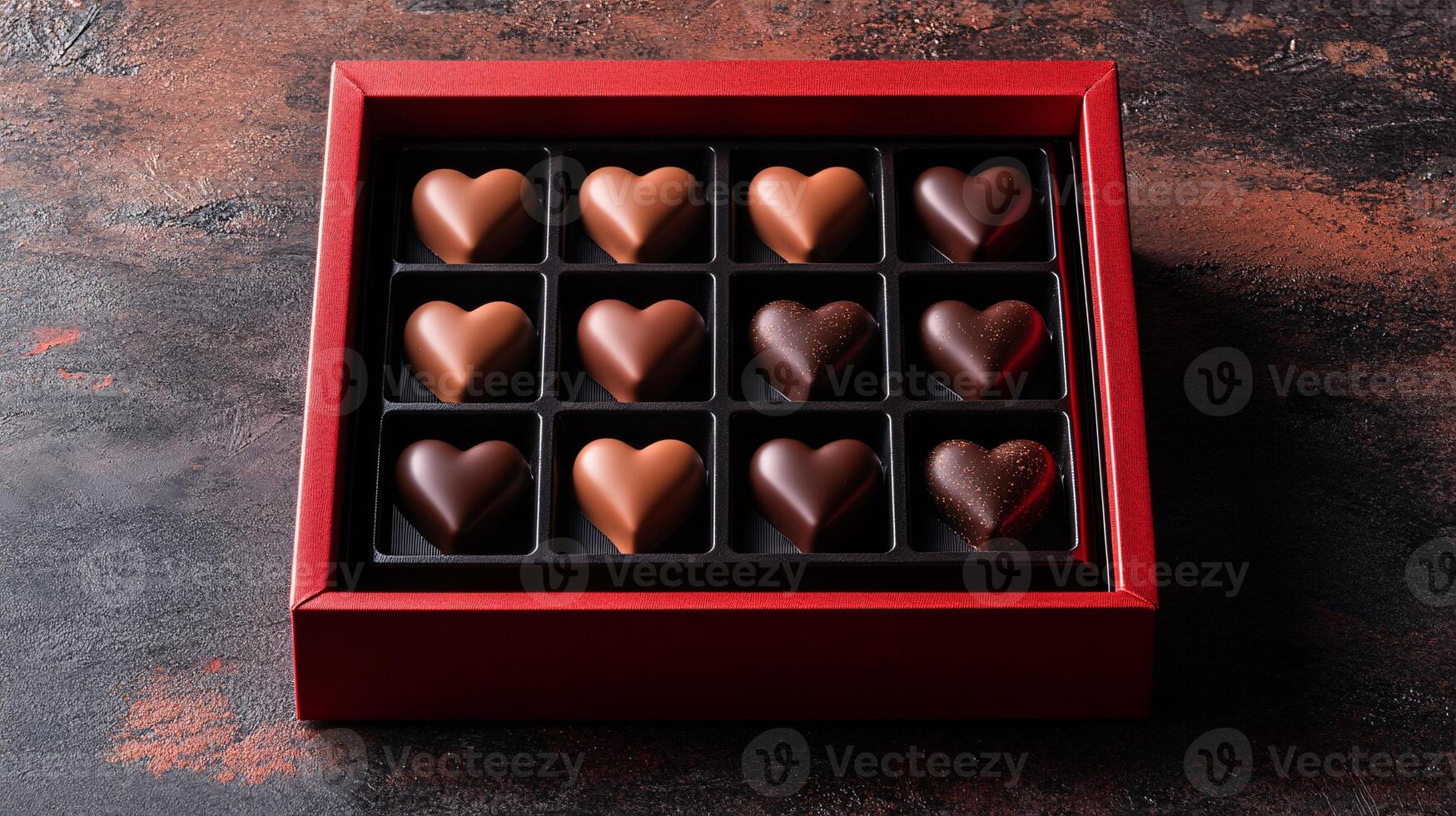 Heart-shaped Chocolates Exquisitely Arranged in a Classic Red Box photo
