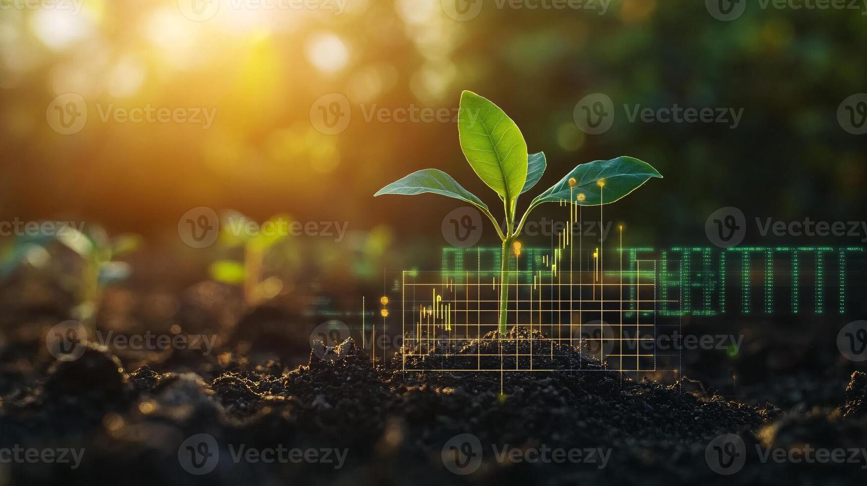 Green Seedling Symbolizing Investment Opportunities with Graphs Overlay photo