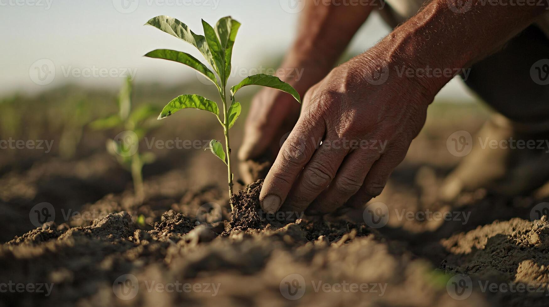 Farmer Gently Planting Seedling in Regenerative Agriculture Field photo