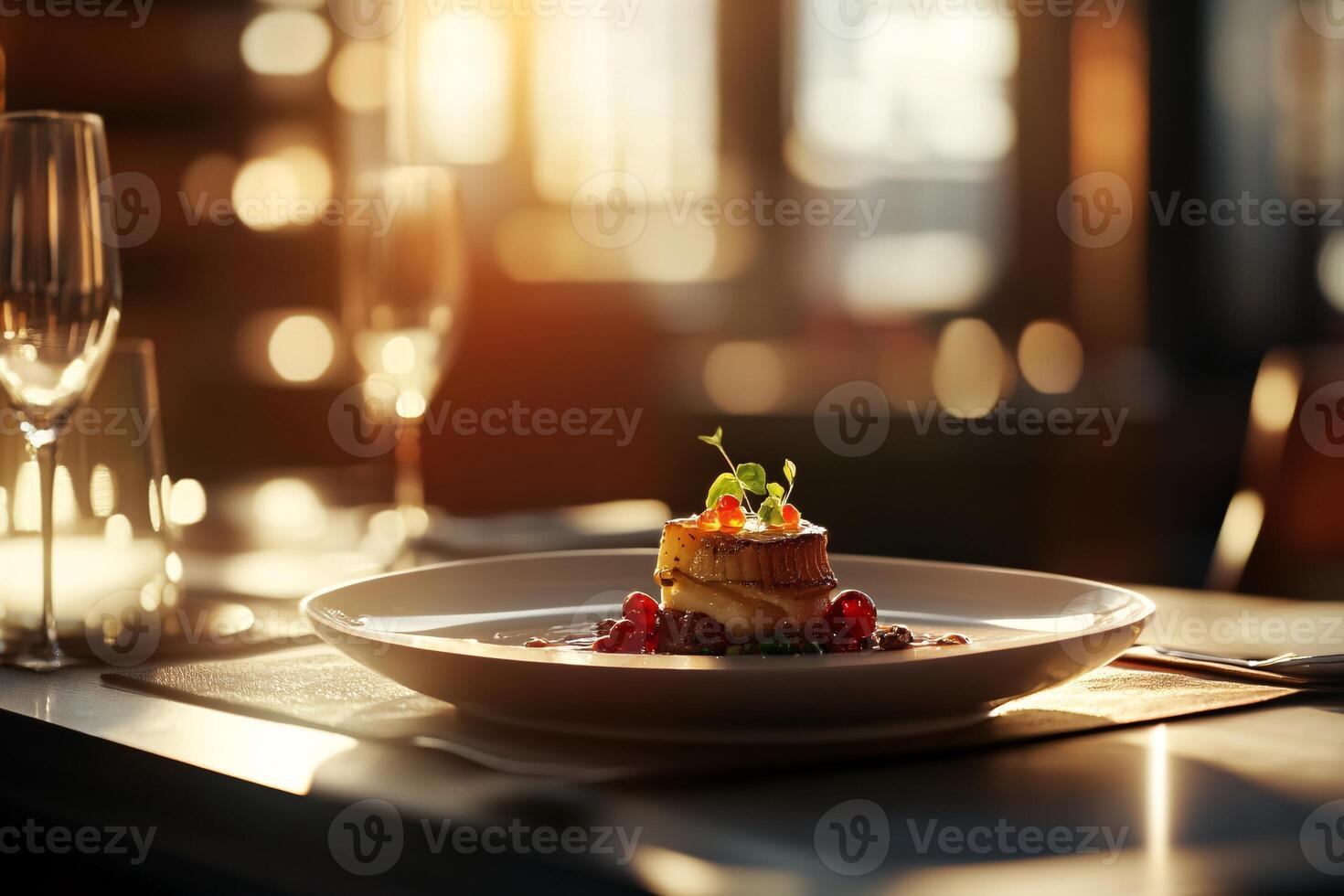 Gourmet meal artfully presented on fine china, illuminated by soft warm lighting photo