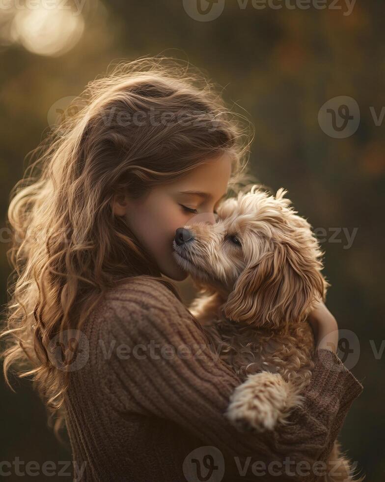 Young woman joyfully hugging her beloved dog in soft natural light photo