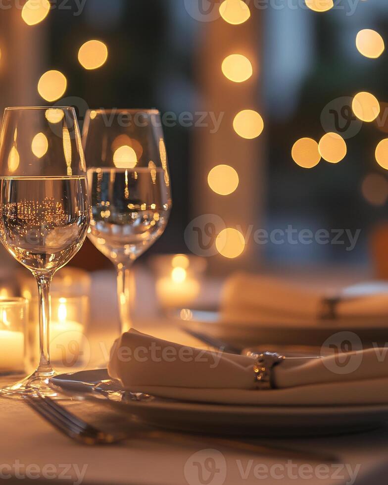Intimate dining space bathed in warm golden hour light photo