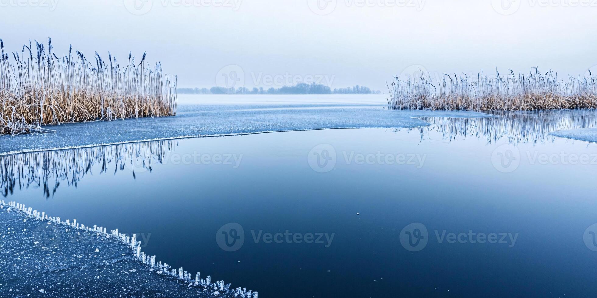 Tranquil Reflection on a Frozen Lake Surrounded by Frosty Flora photo