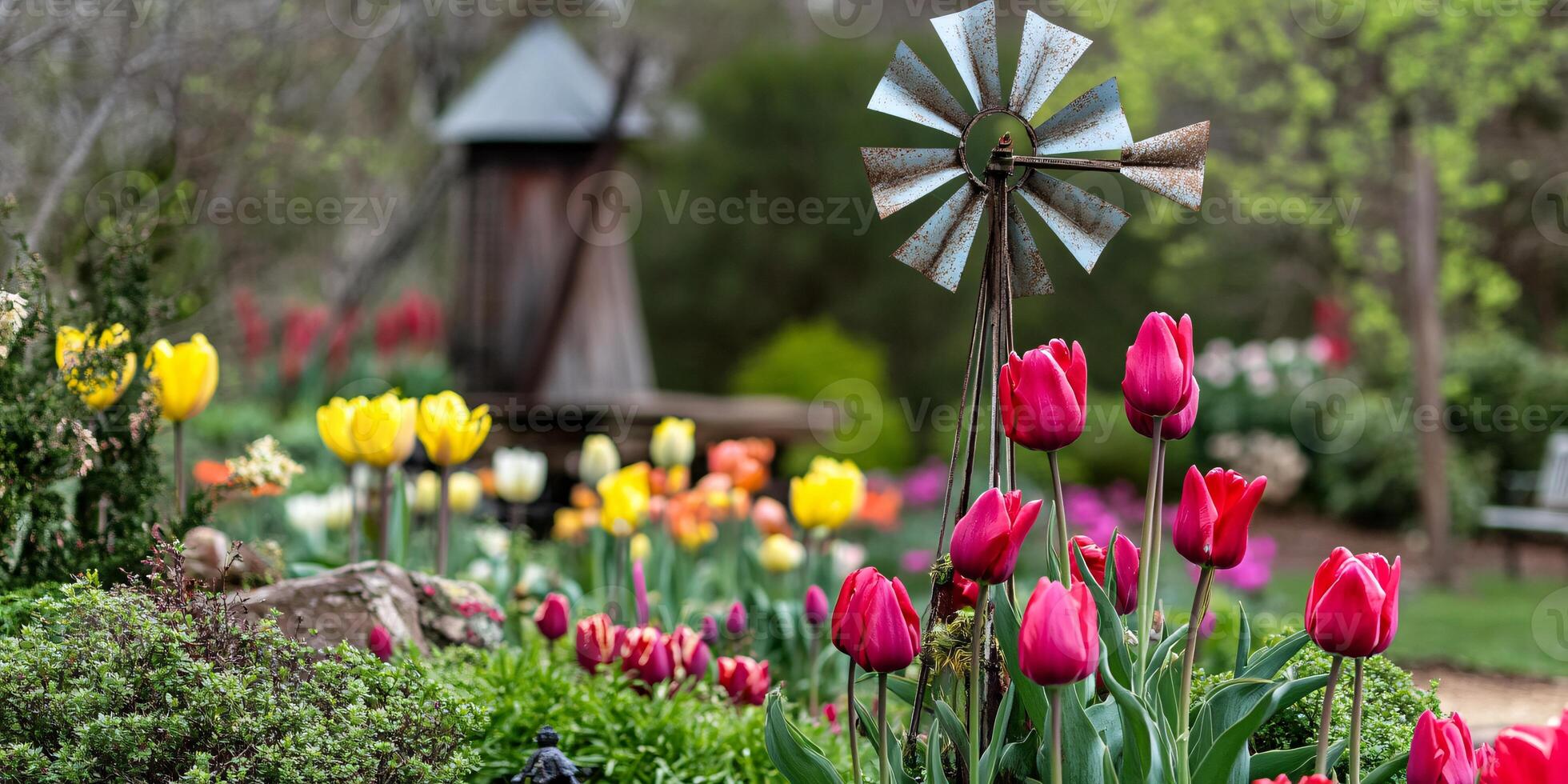 Charming Windmill Overlooking a Colorful Tulip Garden in Bloom photo