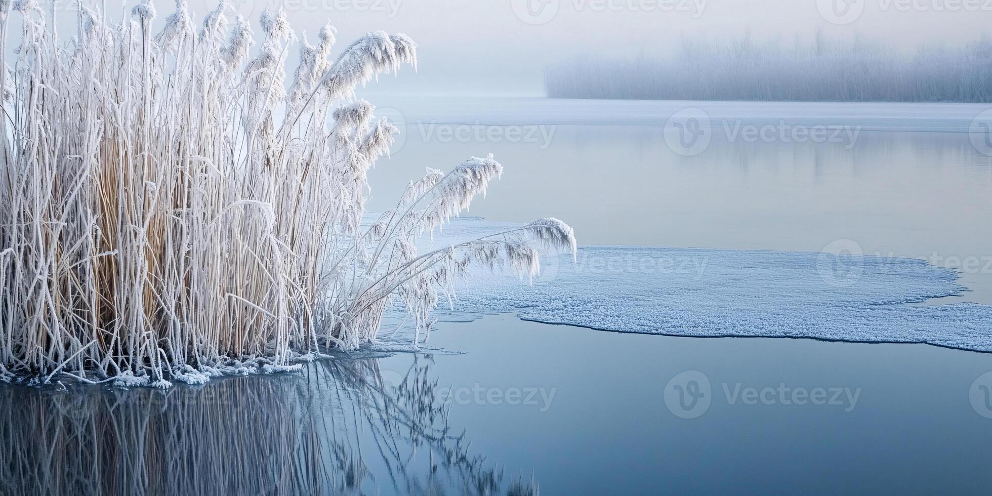 Captivating Frost-Covered Reeds Framing a Still, Icy Lake photo