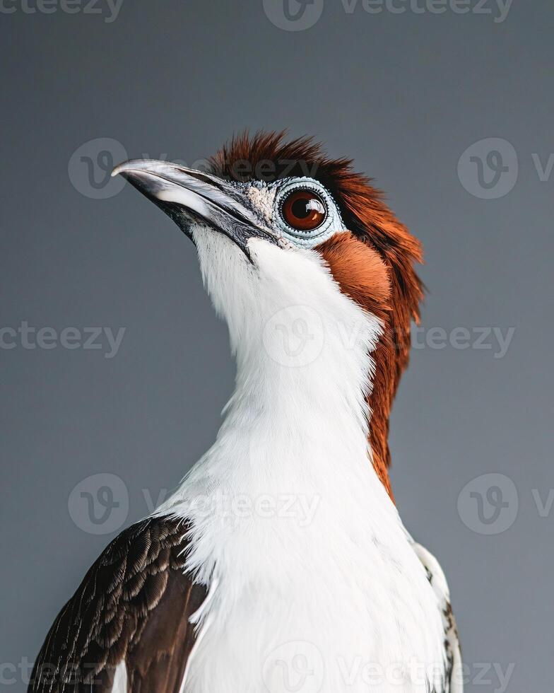Close-Up View of a Brown-Headed Bird with White Neck Gazing Upward photo